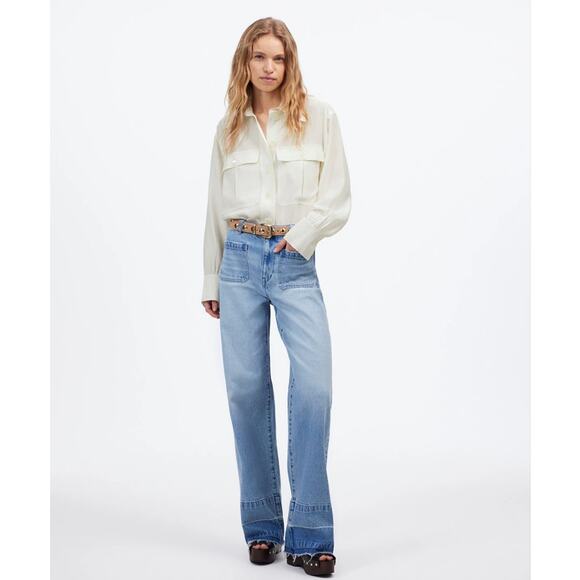 Madewell Silk Utility-Pocket Button-Up Shirt WMNS S Cream Long Sleeve Oversized - Picture 2 of 11